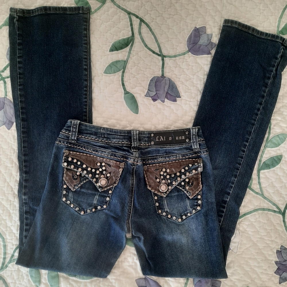 L.A. idol Blue Boot Cut Western Jeans with Stylish Rhinestone Accents